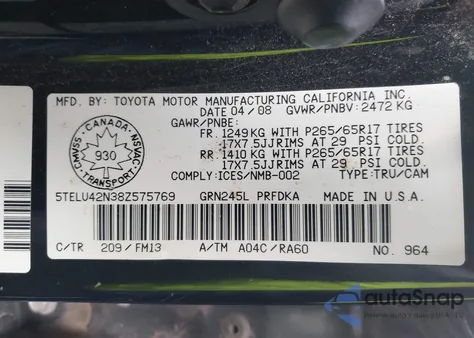 2008 Toyota Tacoma V6 из США, поврежденный, VIN 5TELU42N38Z575769